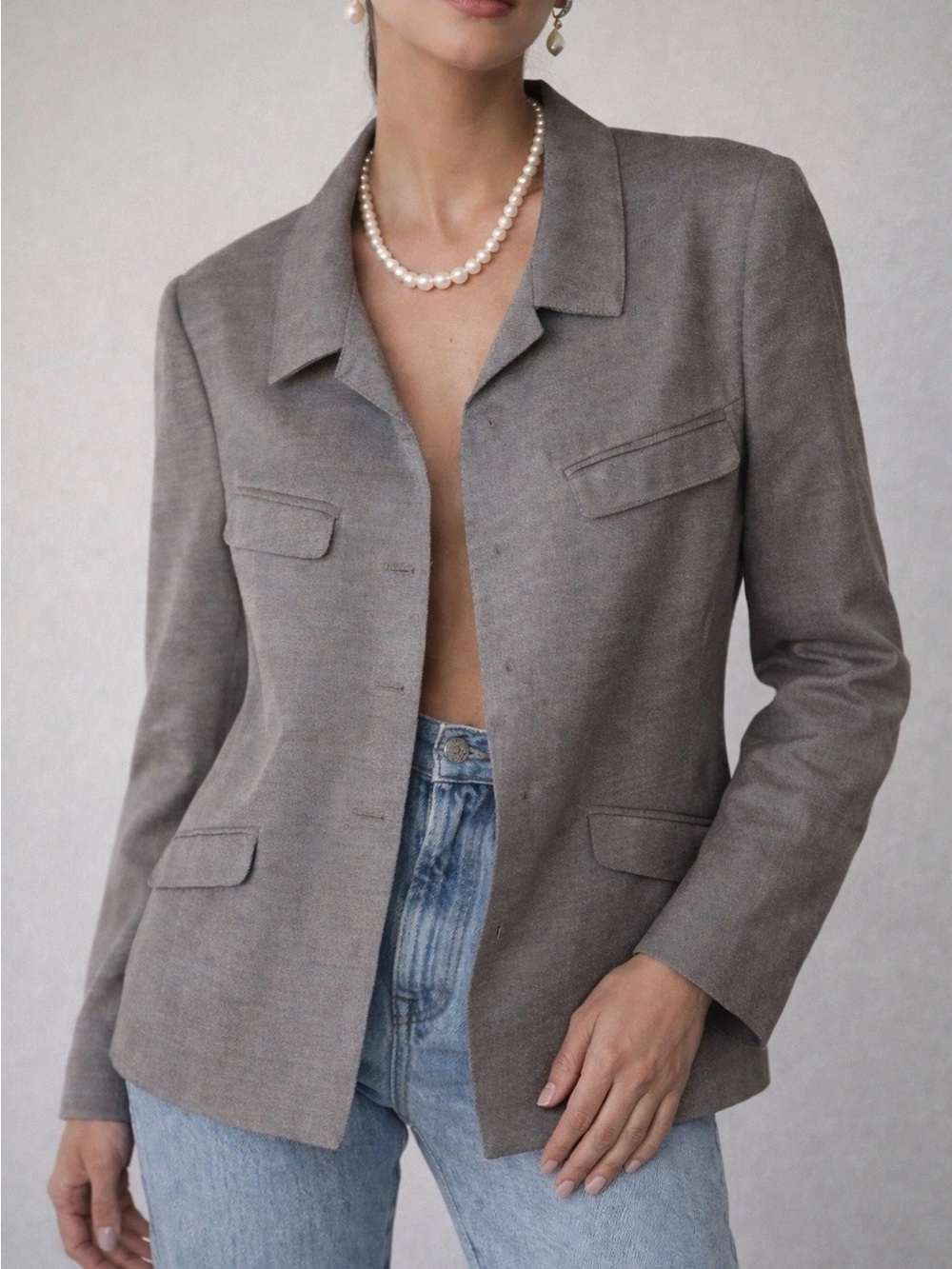 Vintage Chanel Boutique Blazer Grey 1998 Karl Lagerfeld/ Missing Buttons Sz 40CL